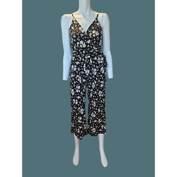 2/$35-Kaileigh Floral Black Knit Crop Jumpsuit Women L Casual Comfort Pockets - Picture 1 of 10